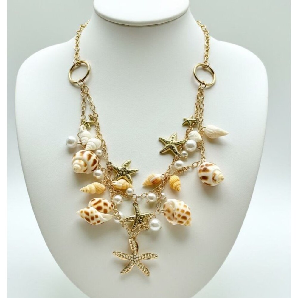 Gold Tone Real Sea Shell Faux Pearl Starfish Cluster Beach Statement Bib